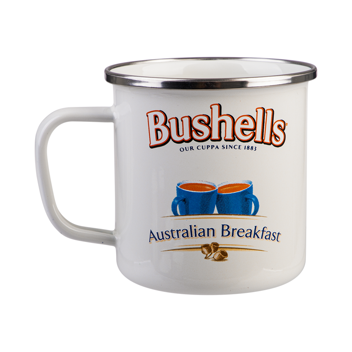 A white enamel camp mug with a silver metal rim, featuring the Bushells logo and 'Australian Breakfast' text with blue coffee cups printed on the front.