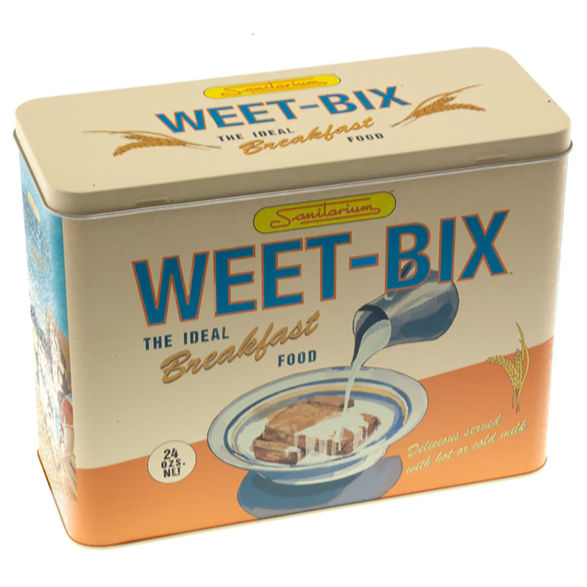 Vintage Weet-Bix cereal tin with branding and product imagery on a white background