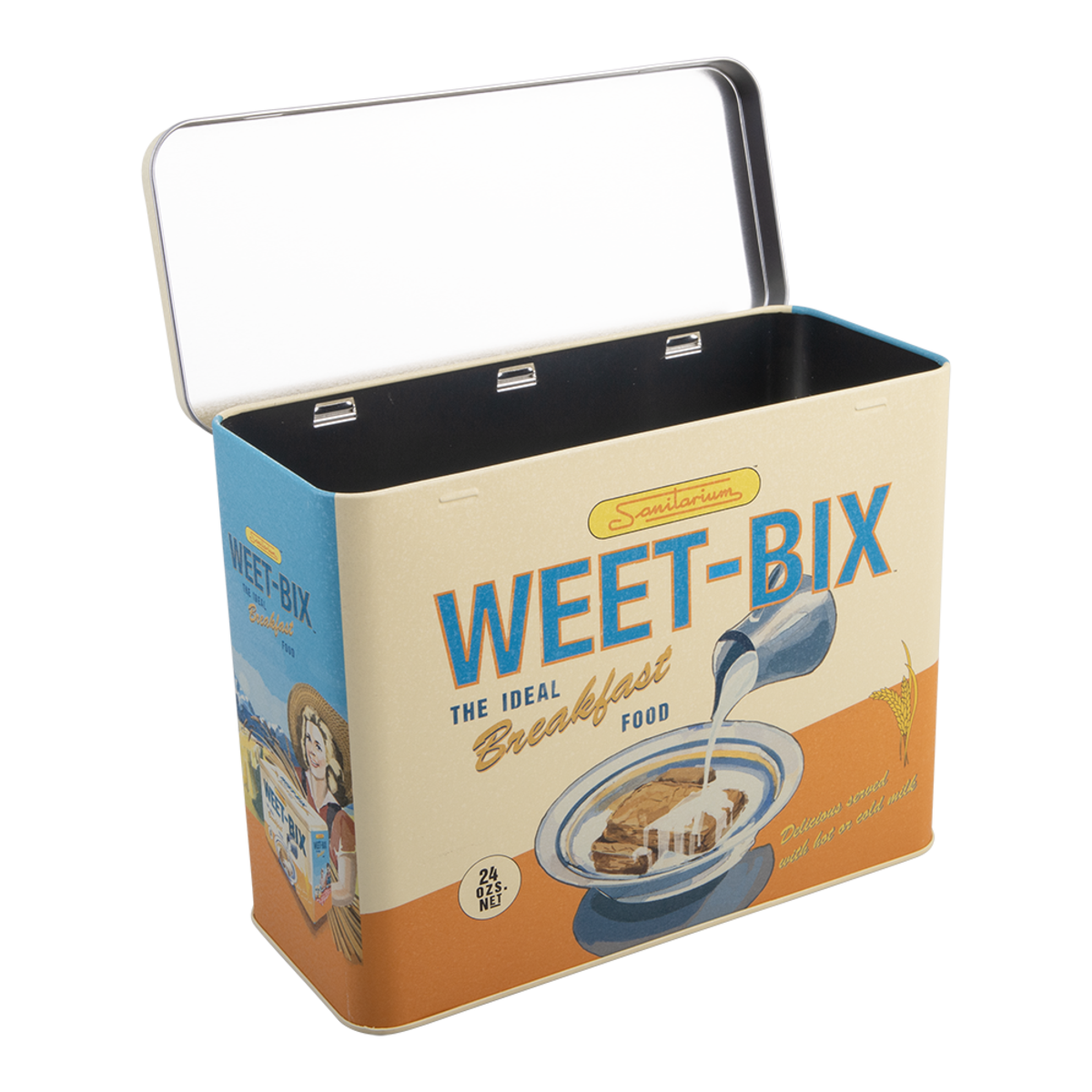 A vintage-style metal tin canister with a hinged lid, featuring 'WEET-BIX' branding and retro food illustrations on a white background.