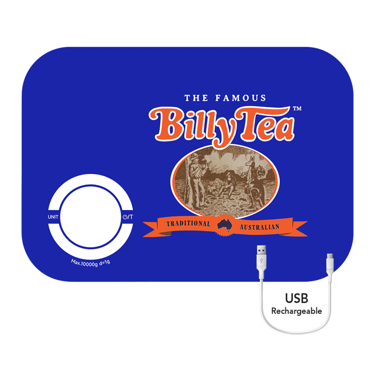 Billy Tea packaging with USB rechargeable feature on a blue background