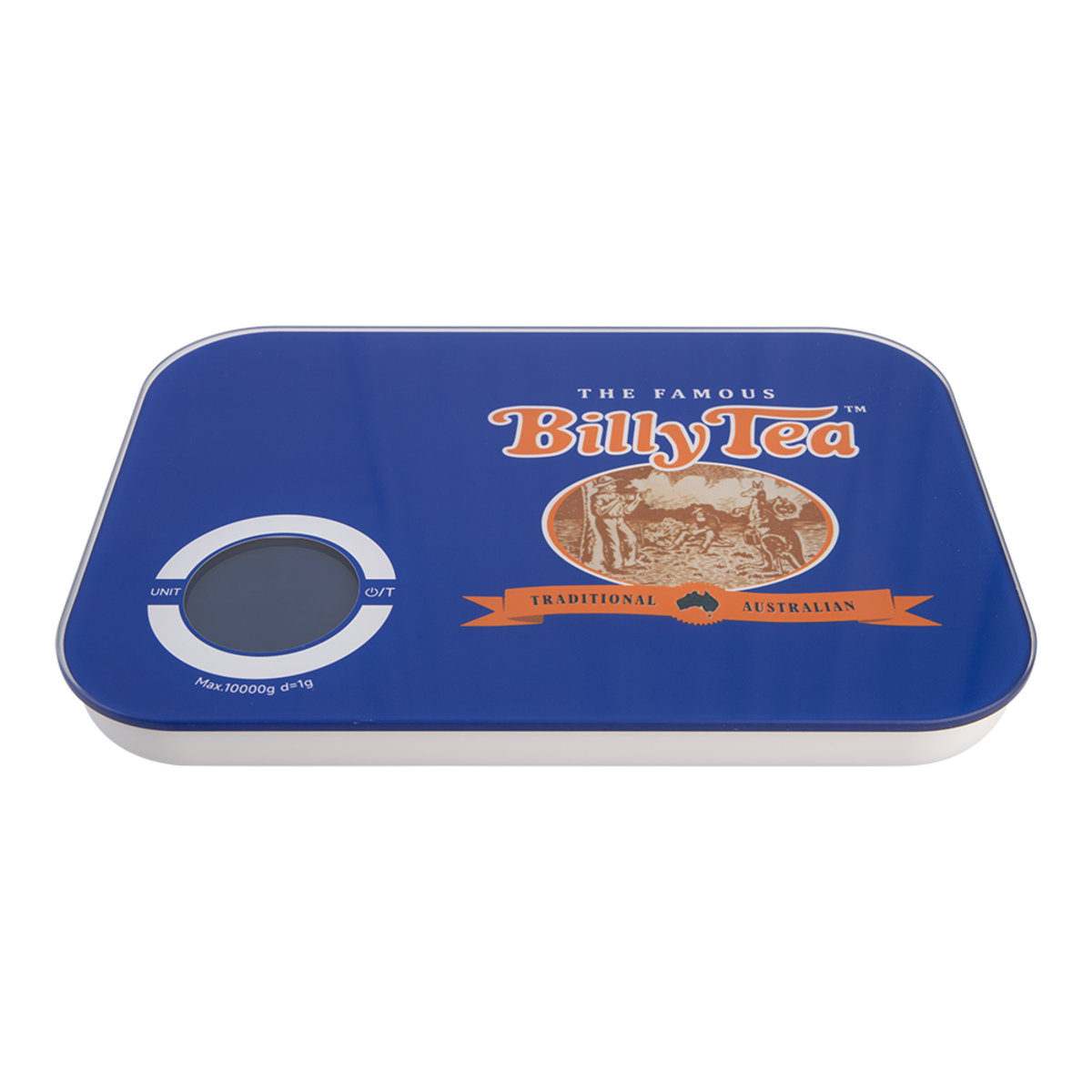 A Billy Tea branded blue metal tin-shaped scale with a circular display window and printed logo on the lid, shown on a plain white background.