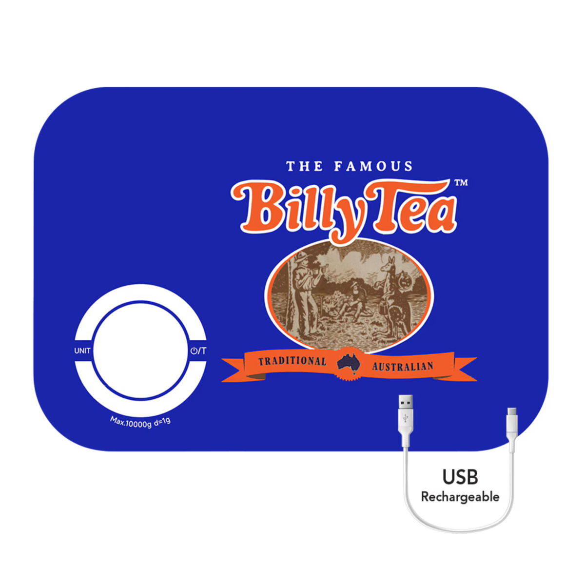 A blue rectangular product package or card with rounded corners featuring the Billy Tea logo and text, plus a small white USB rechargeable cable graphic at the lower right. The package reads 'The Famous Billy Tea' and 'Traditional Australian.