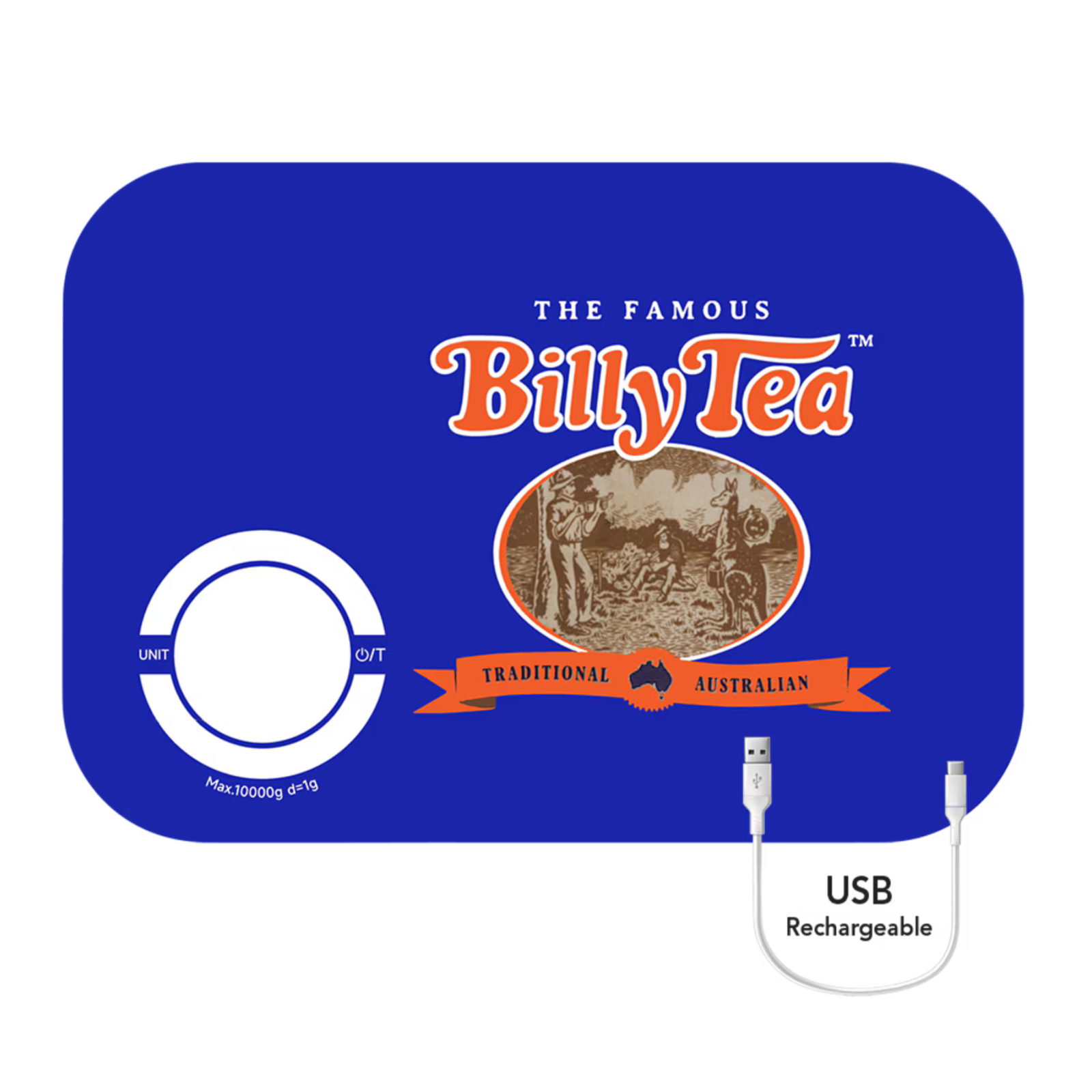 A blue rectangular product package or card with rounded corners featuring the Billy Tea logo and text, plus a small white USB rechargeable cable graphic at the lower right. The package reads 'The Famous Billy Tea' and 'Traditional Australian.