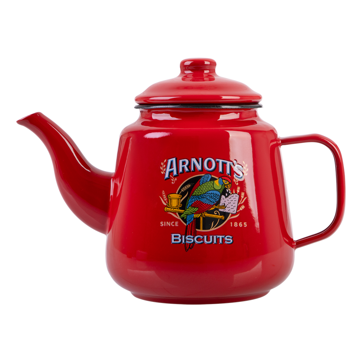A glossy red enamel teapot with a lid, spout, and handle, featuring the 'Arnott's Biscuits' logo on the front, set against a plain white background.