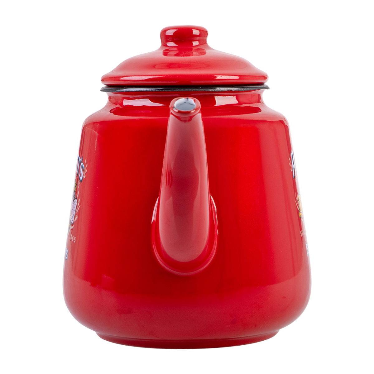 A glossy red enamel teapot with a matching lid, featuring a curved handle and spout, photographed on a clean white background.