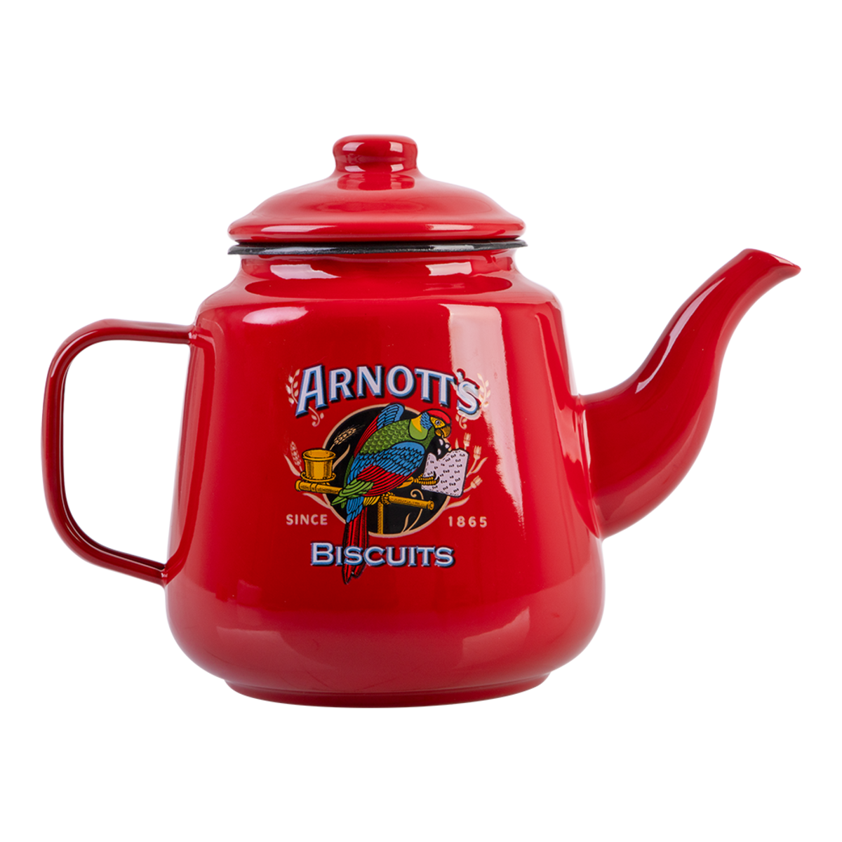 A glossy red enamel teapot with a lid, featuring the 'Arnott's Biscuits' logo on the front, set against a plain white background.