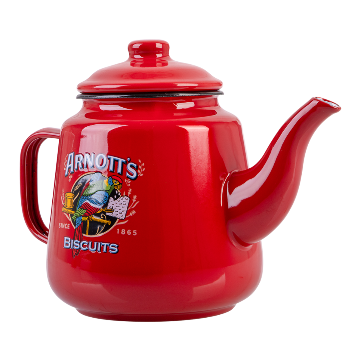 A glossy red enamel teapot with a lid, featuring a colorful 'Arnott's Biscuits' logo on the front, isolated on a white background.