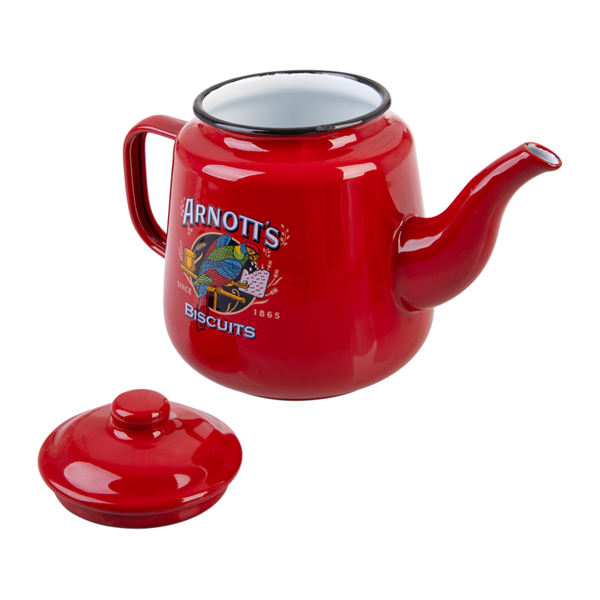 A red enamel teapot with a matching lid, featuring the 'Arnott's Biscuits' logo on the front, set against a plain white background.