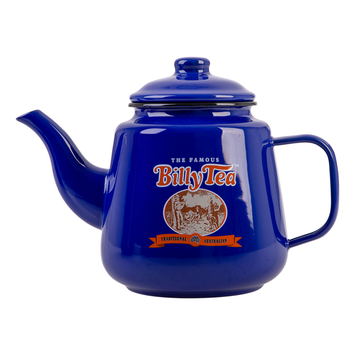 A glossy cobalt blue enamel teapot with a lid, featuring a prominent 'The Famous Billy Tea' logo on the front, set against a plain white background.