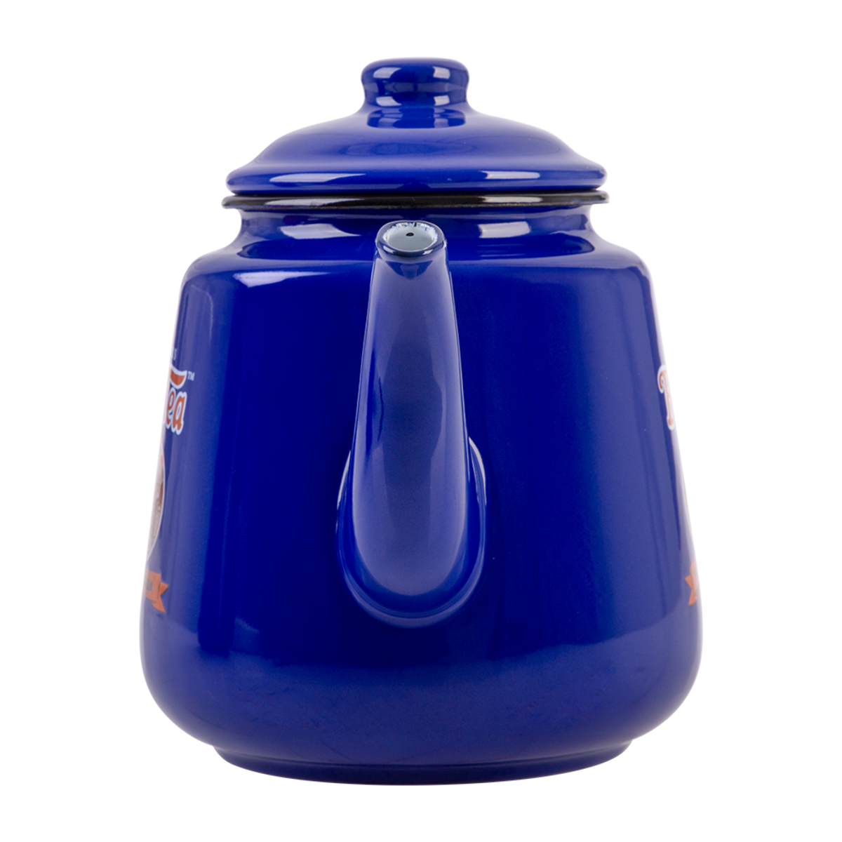 A glossy cobalt blue enamel tea pot with a matching lid, shown from a side profile on a white background.