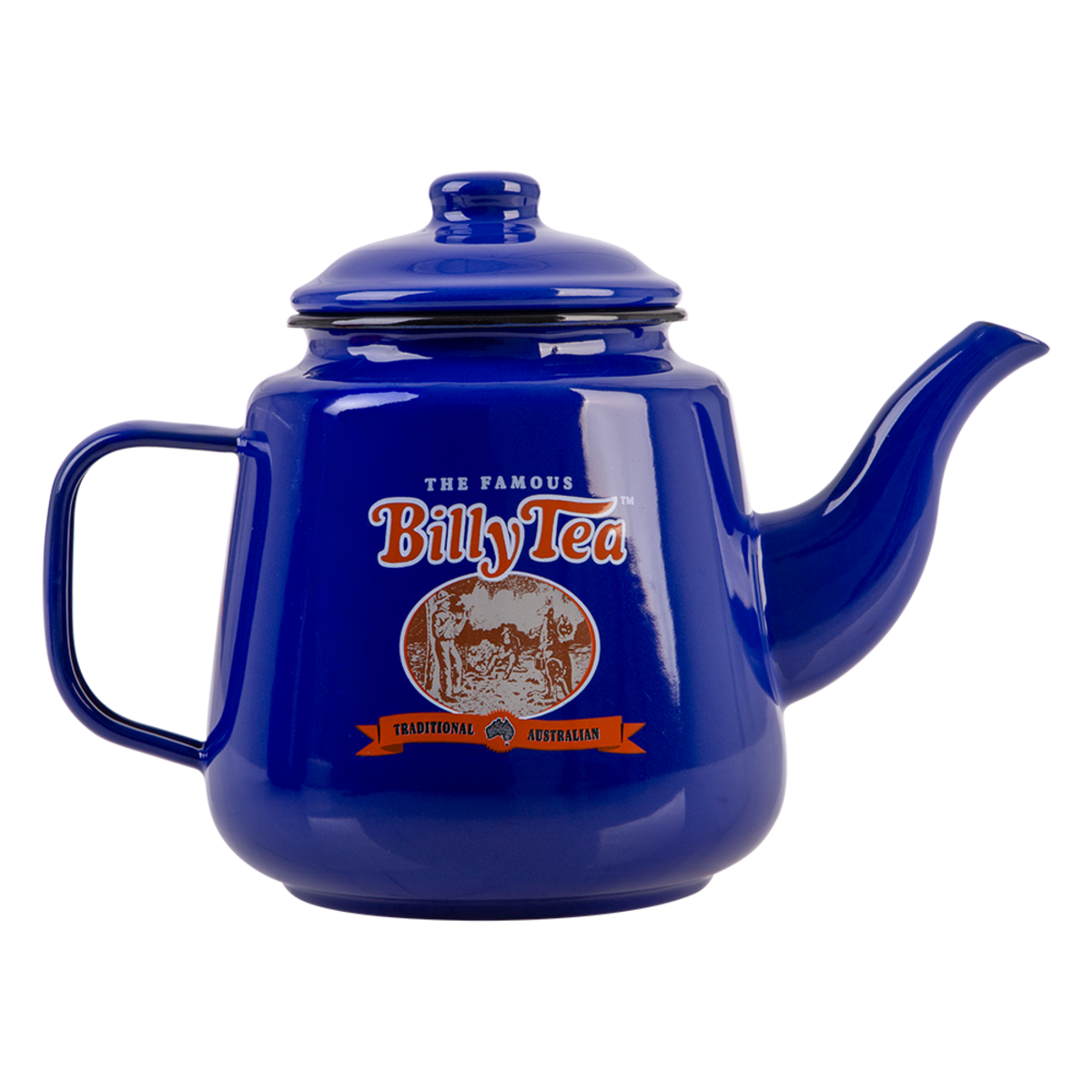A classic blue enamel teapot with a lid, featuring a prominent 'The Famous Billy Tea' logo printed on the front, set against a plain white background.