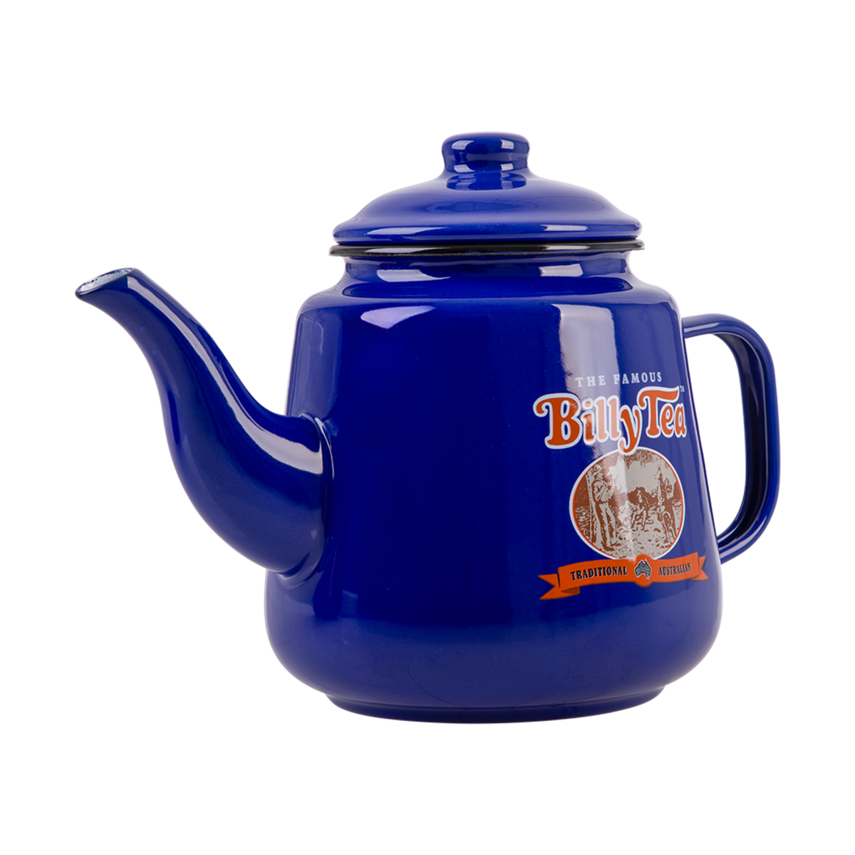 A glossy cobalt blue enamel teapot with a lid, spout, and handle, featuring a vintage-style 'Billy Tea' logo on the front, isolated on a white background.