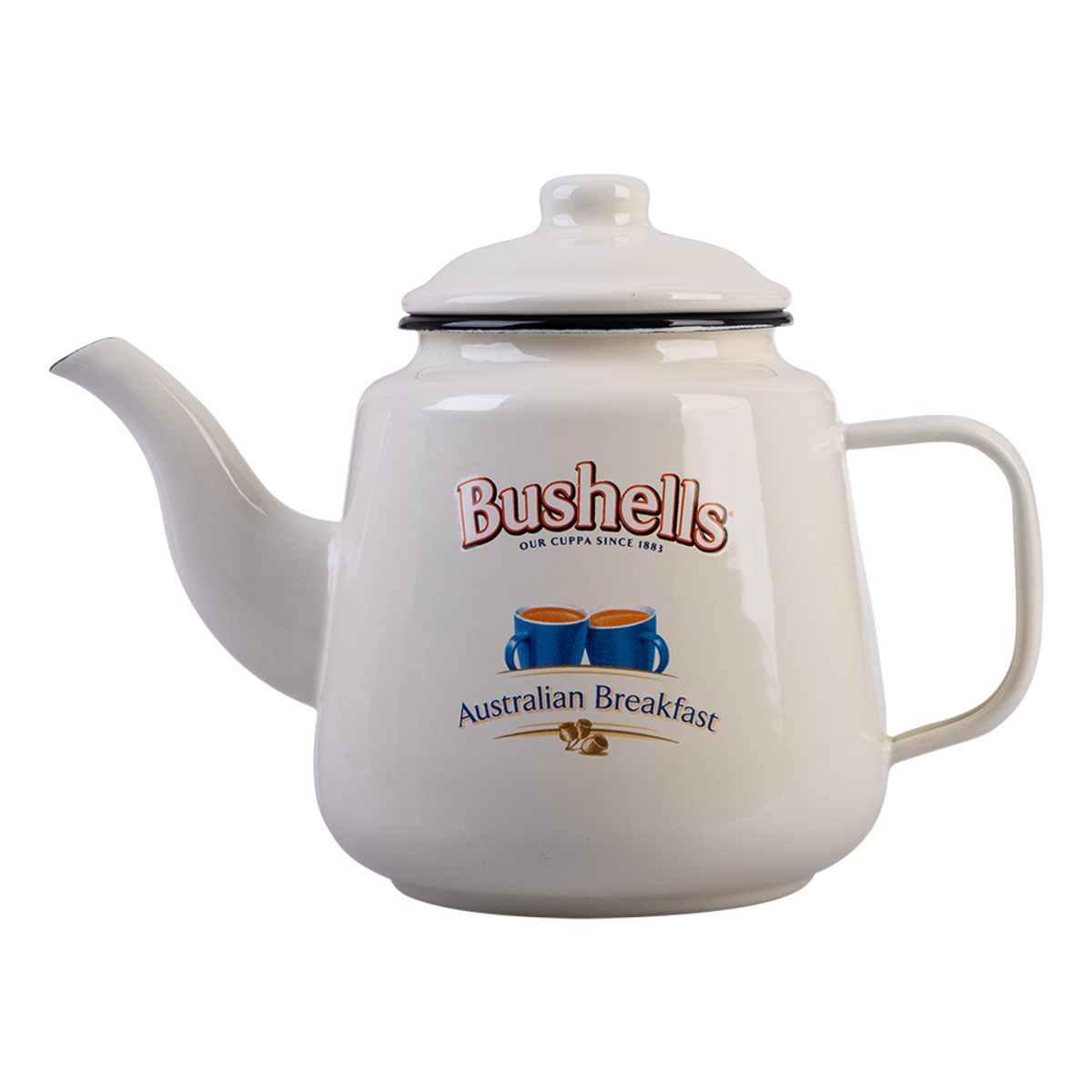 A white enamel teapot with a lid, featuring the Bushells logo and 'Australian Breakfast' text on the front, set against a plain white background.