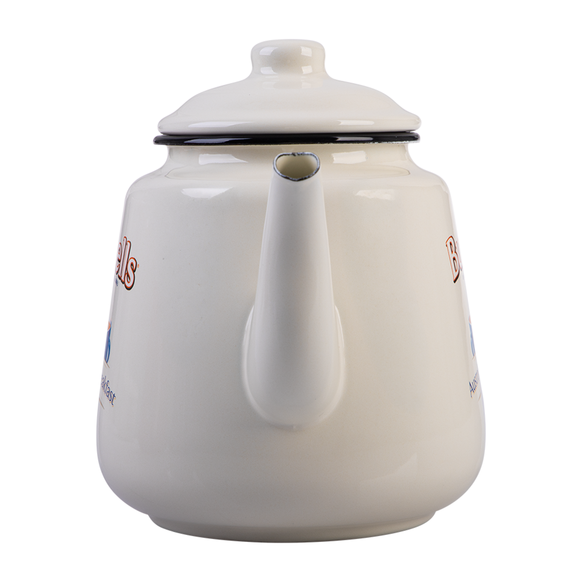 A white enamel teapot with a black rim, featuring partial red and blue printed text on the sides, shown against a plain white background.