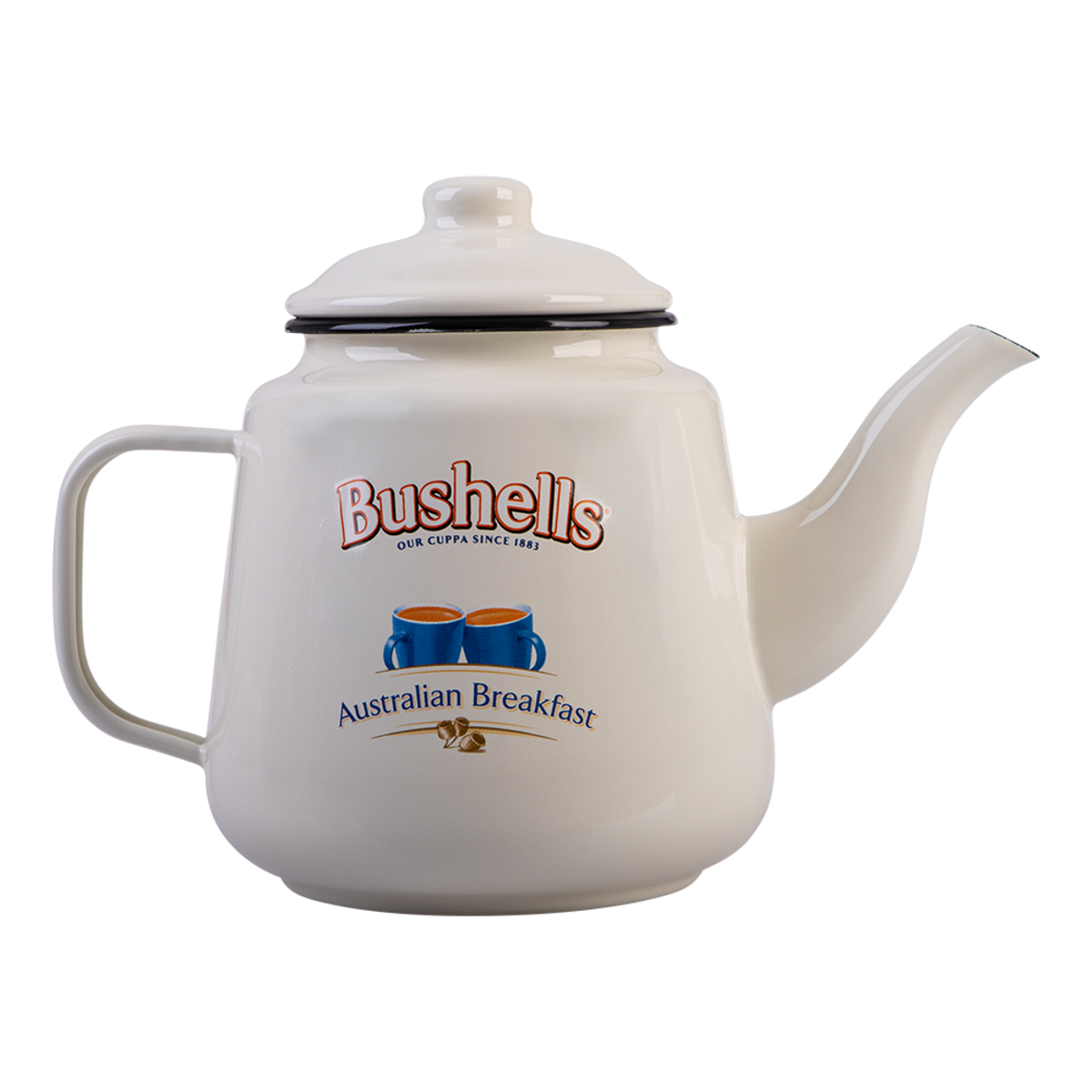 A white enamel-style teapot with a lid, shown on a plain white background. The front features the Bushells logo with 'Australian Breakfast' text and blue cup graphics.