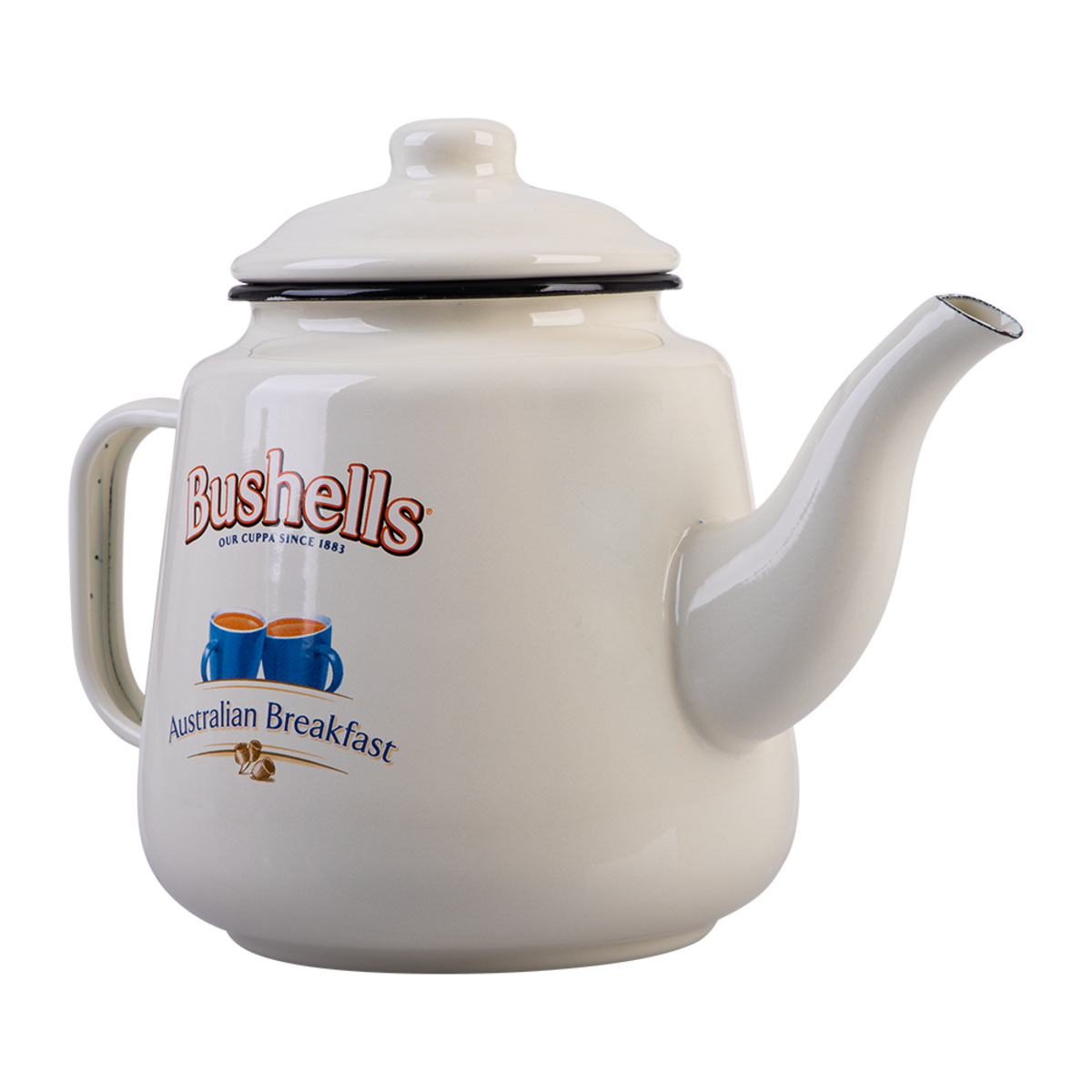 A vintage-style white enamel teapot with a lid, featuring the Bushells logo and 'Australian Breakfast' text on the front, isolated on a white background.