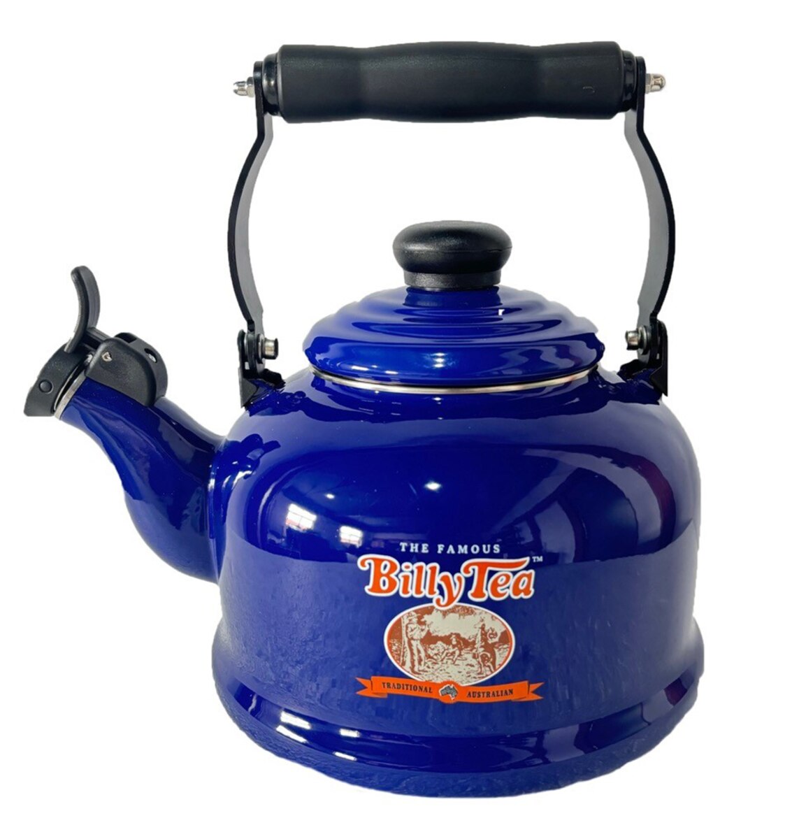 Blue kettle with black handle on a white background