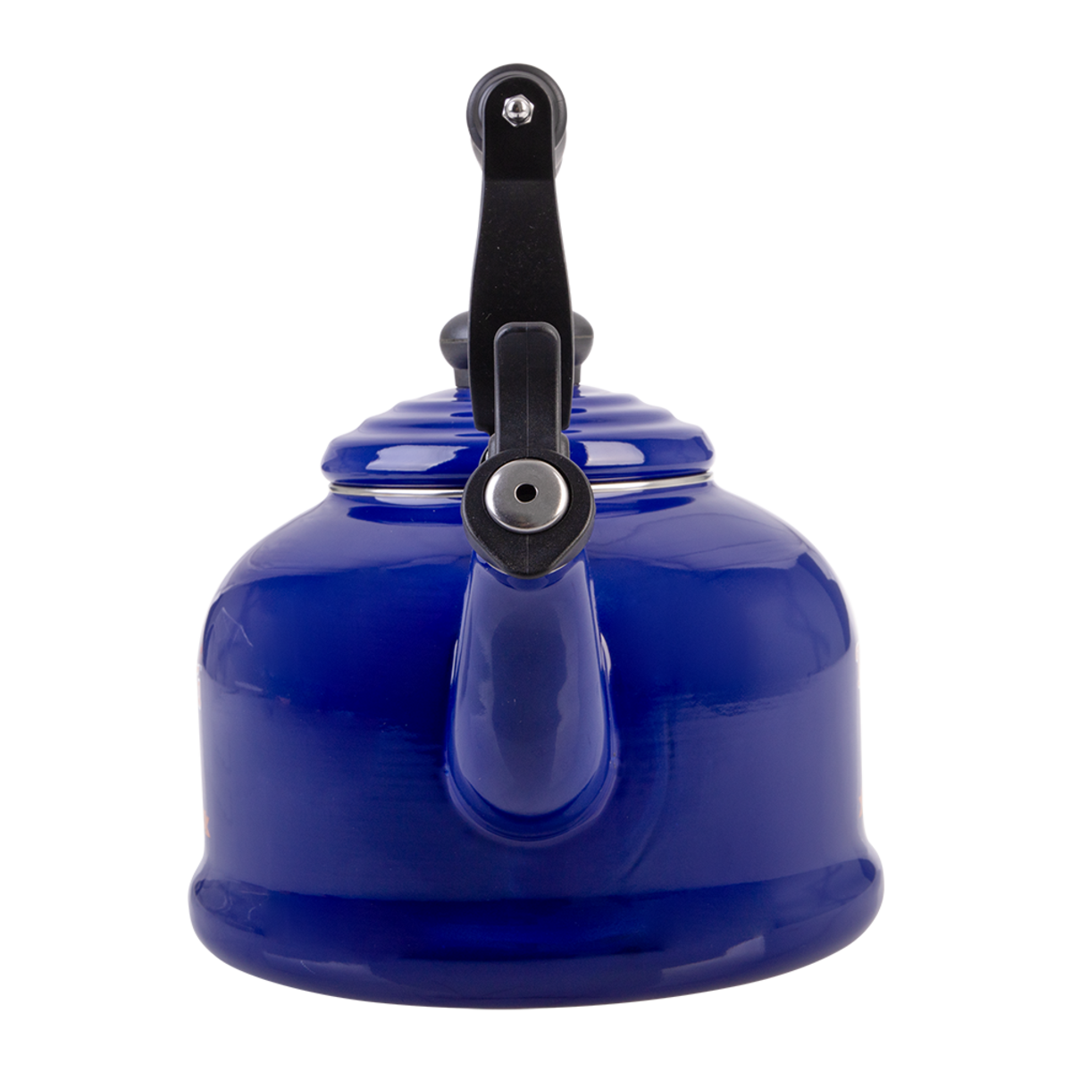 A glossy cobalt blue enamel kettle with a black handle and lid knob, shown from a side profile on a solid white background.