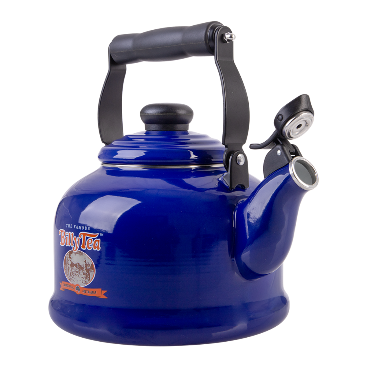 A glossy cobalt blue enamel kettle with a black handle and lid knob, featuring a 'Bilk Tea' logo on the side and a silver temperature gauge on the spout, set against a plain white background.