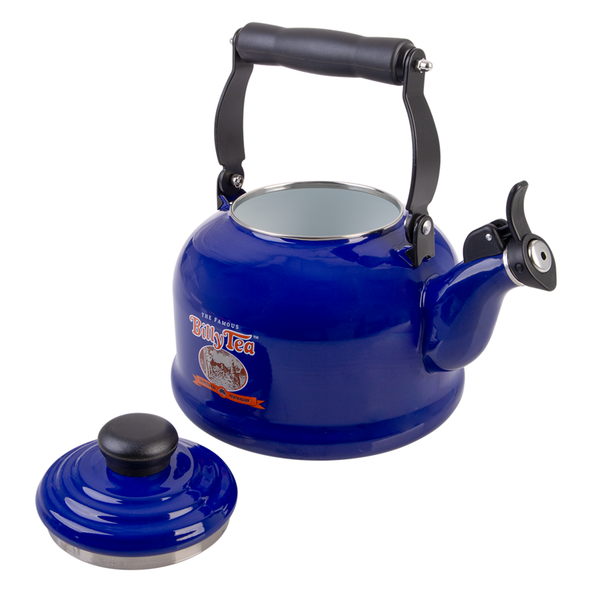 A cobalt blue enamel tea kettle with a black handle and spout lever, shown with its matching blue lid placed in front on a white background. The front of the kettle features a 'Tea Time' logo.