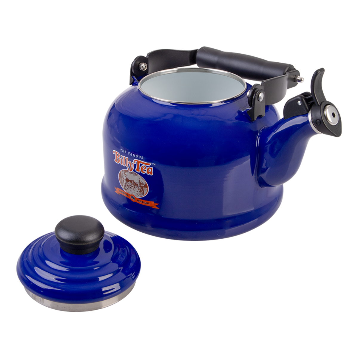 A royal blue enamel tea kettle with a matching lid, featuring a black handle and spout lever, set against a plain white background.