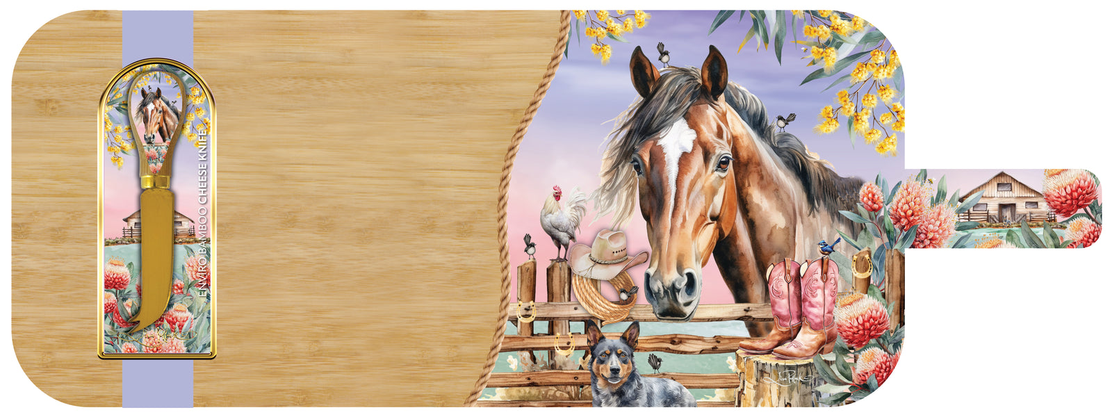 Lisa Pollock Country Dusk Resin Bamboo Platte. Bamboo cutting board with horse design on a colorful background