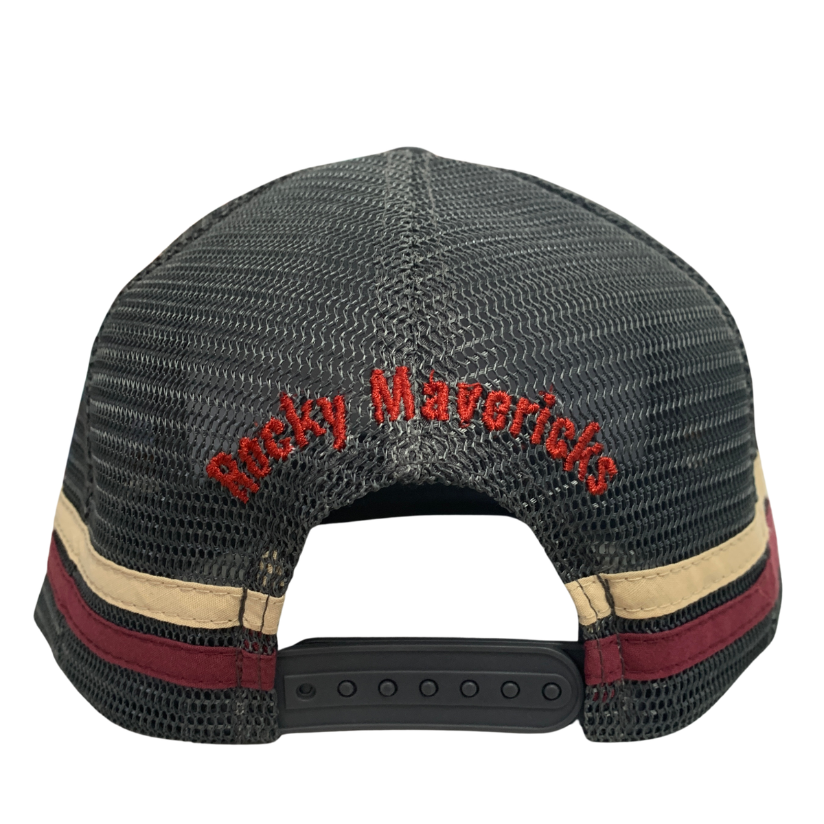 Rear view of a black mesh trucker hat with red embroidered 'Rocky Mavericks' text and beige and burgundy stripes on the brim, shown on a white background.