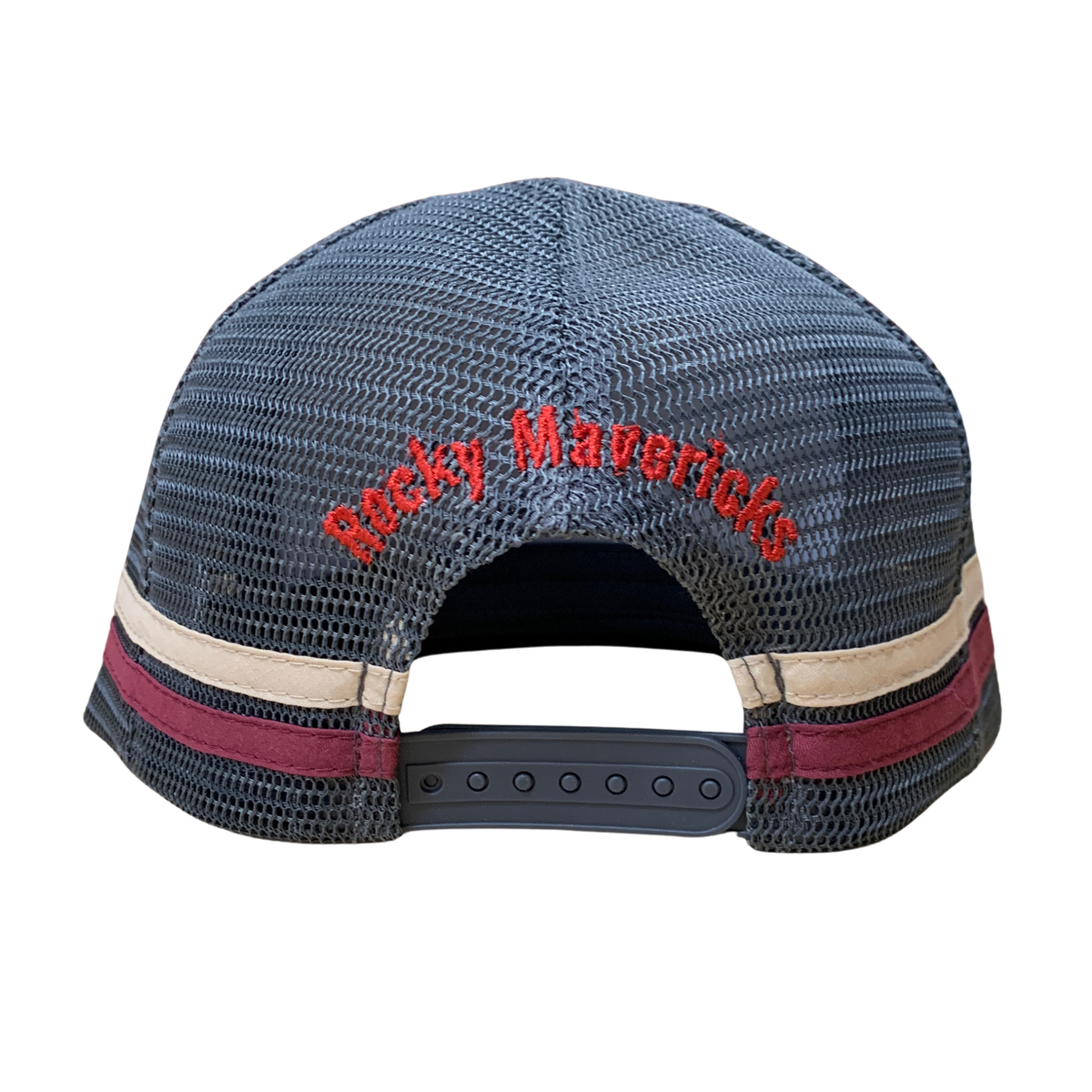 Back view of a blue-gray mesh trucker cap with red embroidered 'Rocky Mavericks' text on the crown and horizontal cream and burgundy stripes on the brim, shown on a white background.