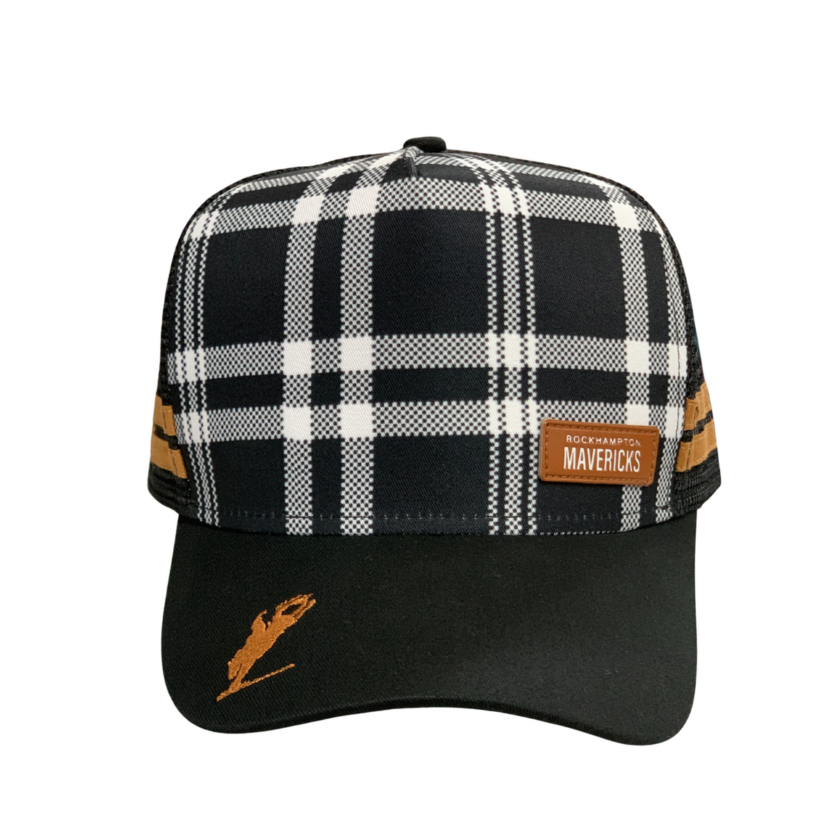 Rocky Mavericks Black Plaid Cap. Black and white plaid cap with orange accents on a white background