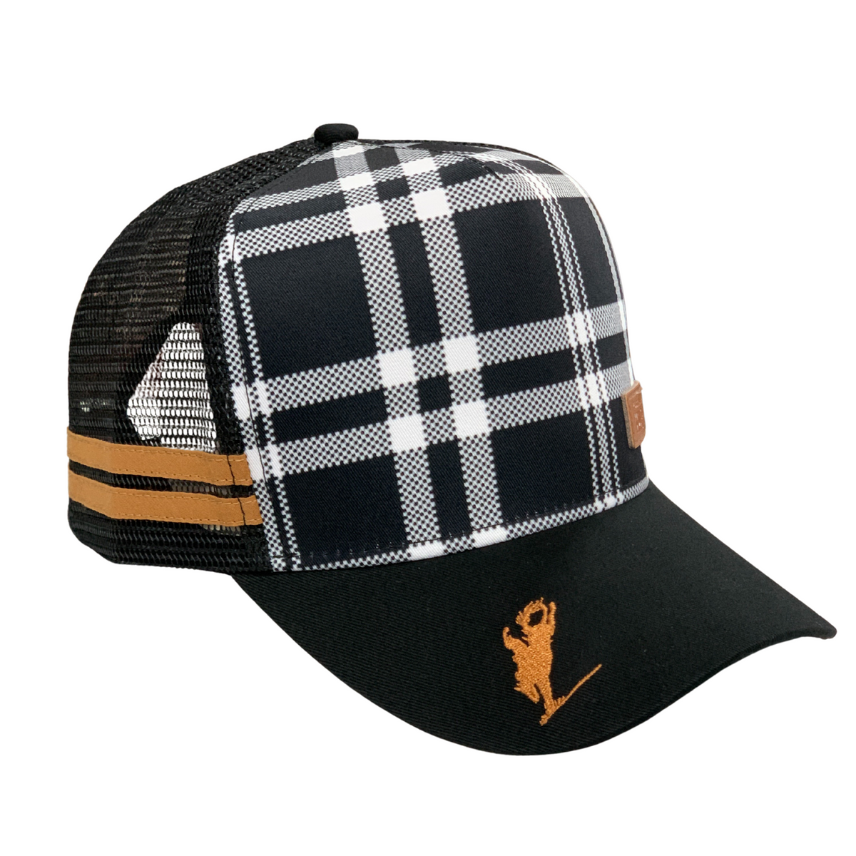 Rocky Mavericks Black Plaid Cap. Black and white plaid cap with brown accents on a white background