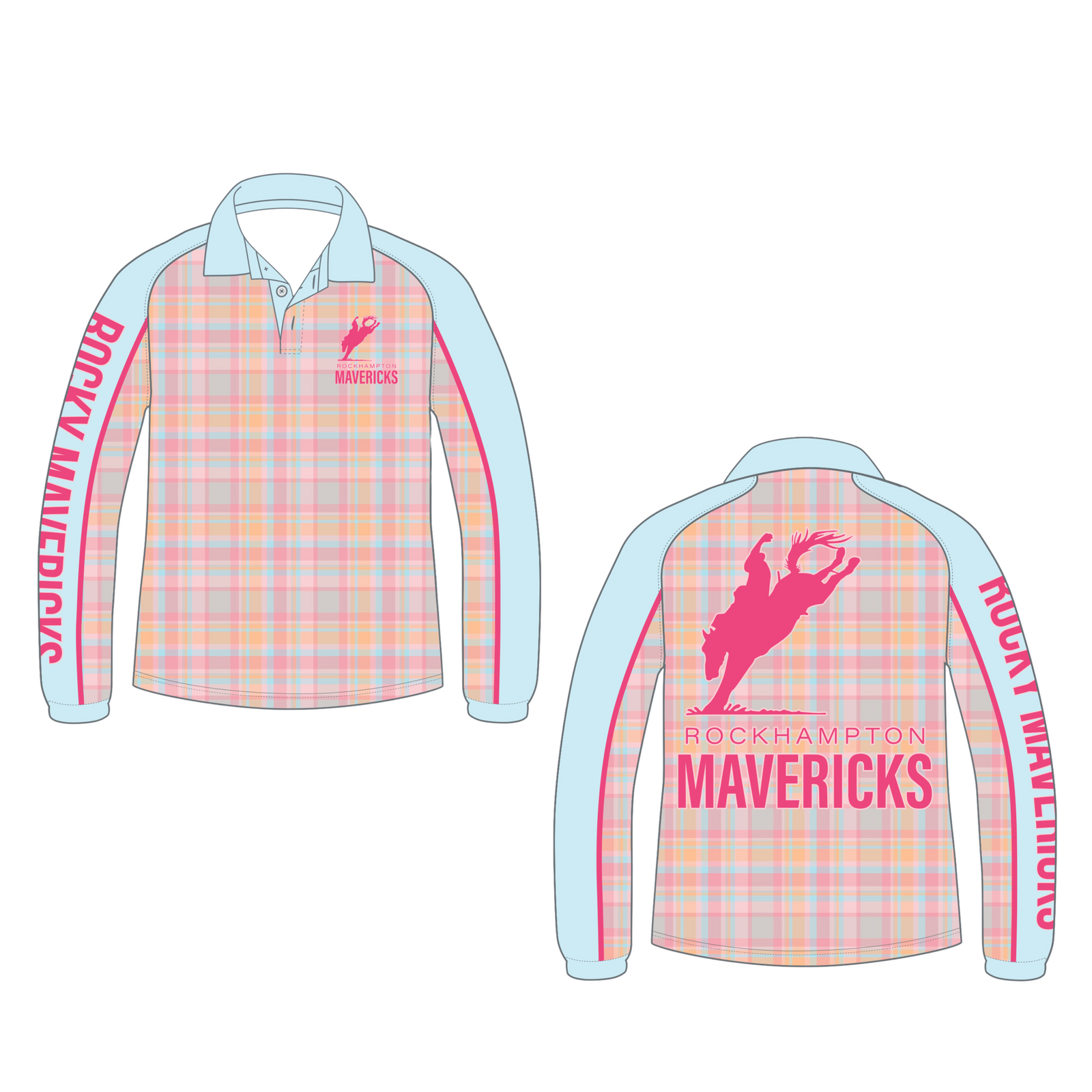 Rocky Mavericks Women's Bronco L/S Fishing ShirtPlaid shirt with 'Rockhampton Mavericks' branding on a white background 