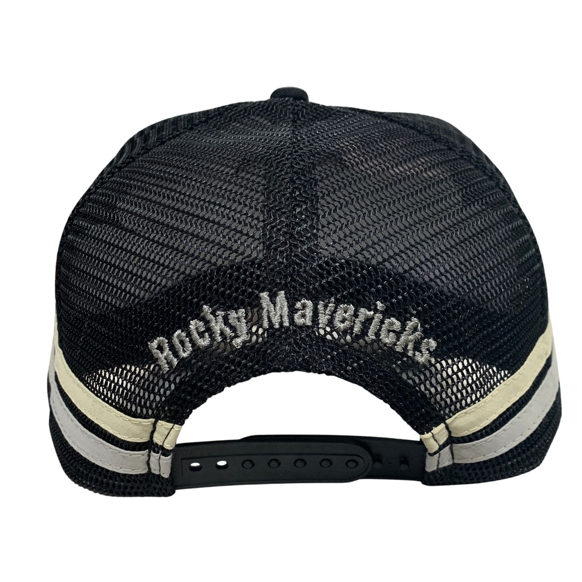 Black trucker-style baseball cap with a mesh back, featuring 'Rocky Mavericks' embroidered in white across the back panels and two horizontal cream and white stripes near the brim.