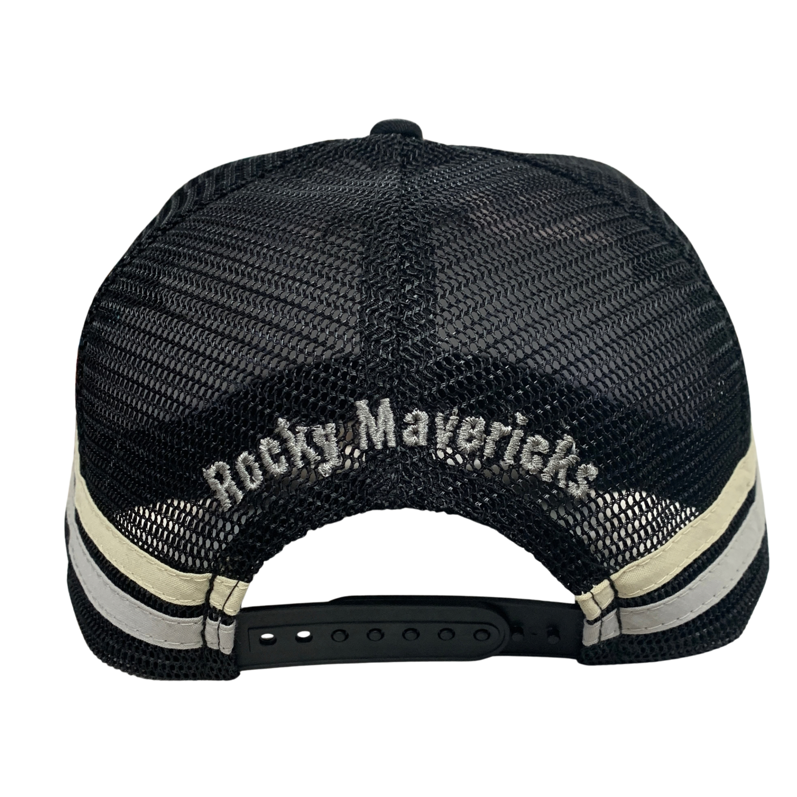Black trucker-style baseball cap with a mesh back, featuring 'Rocky Mavericks' embroidered in white across the back panels and two horizontal cream and white stripes near the brim.