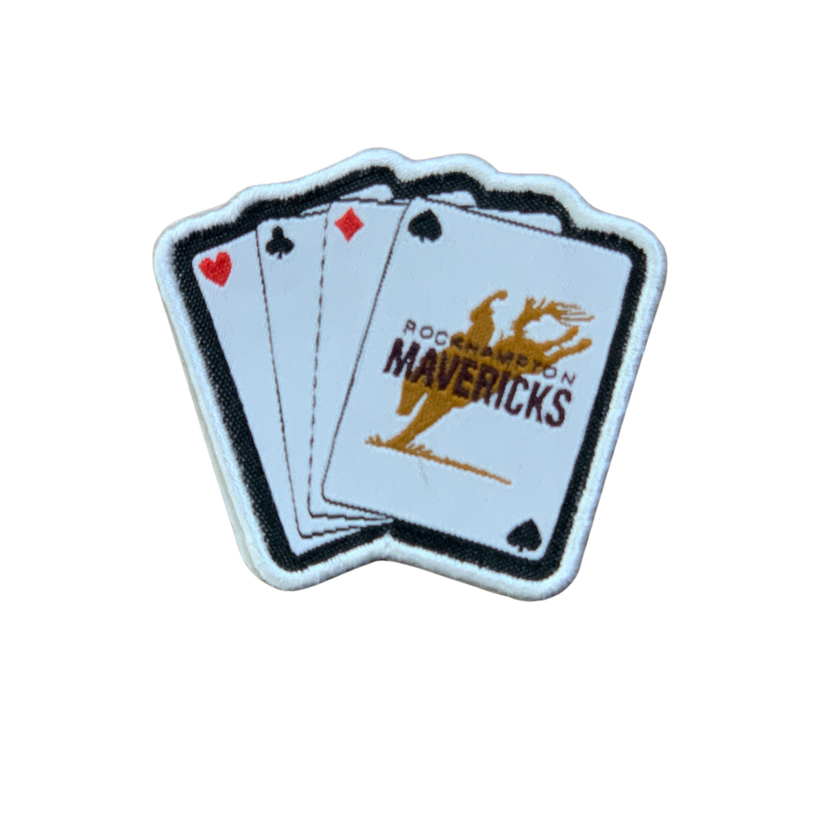 Rocky Mavericks Cards Hat PatchEmbroidered patch of playing cards with 'Rockhampton Mavericks' logo on a white background 
