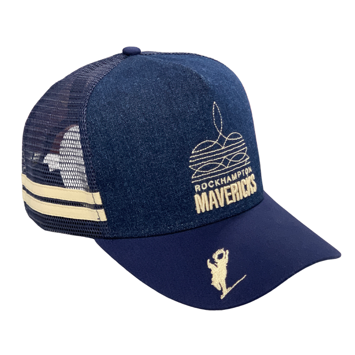 Rocky Mavericks Boot Stitch Denim Cap. Navy blue cap with mesh back and branding on a white background