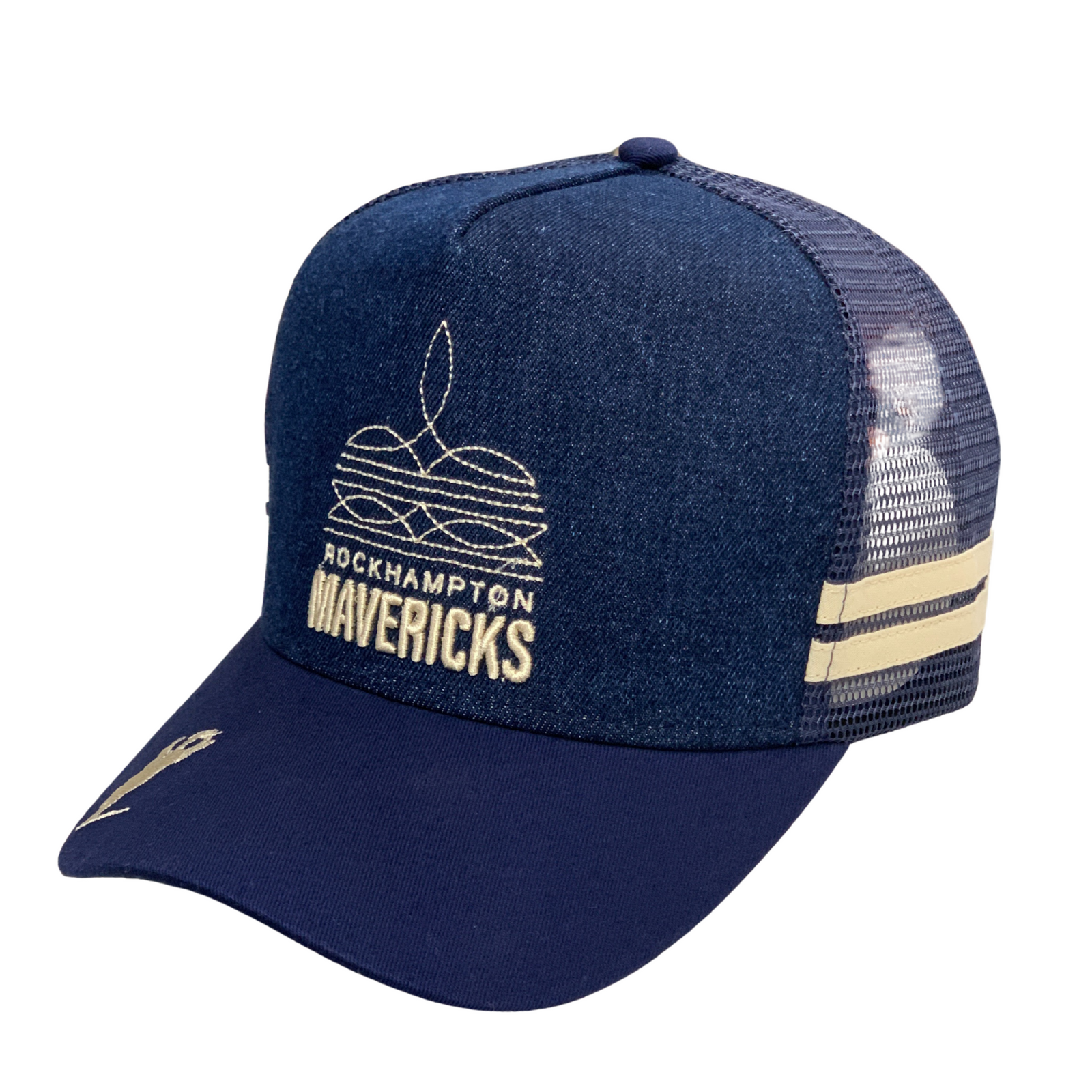 Rocky Mavericks Boot Stitch Denim Cap. Navy blue cap with gold accents and 'Rockhampton Mavericks' logo on a white background