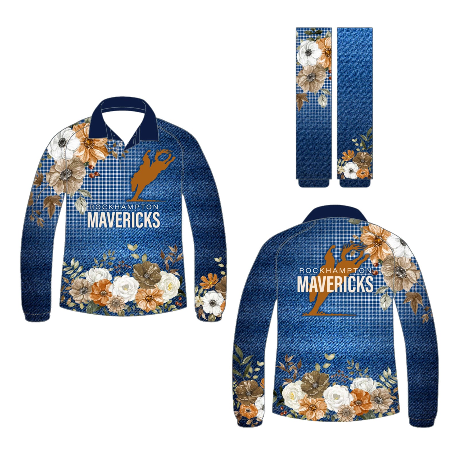 Rocky Mavericks Women's Denim Floral L/S Jersey. A long-sleeved denim floral jersey with 'Mavericks' branding, accompanied by a pair of matching socks, laid flat.