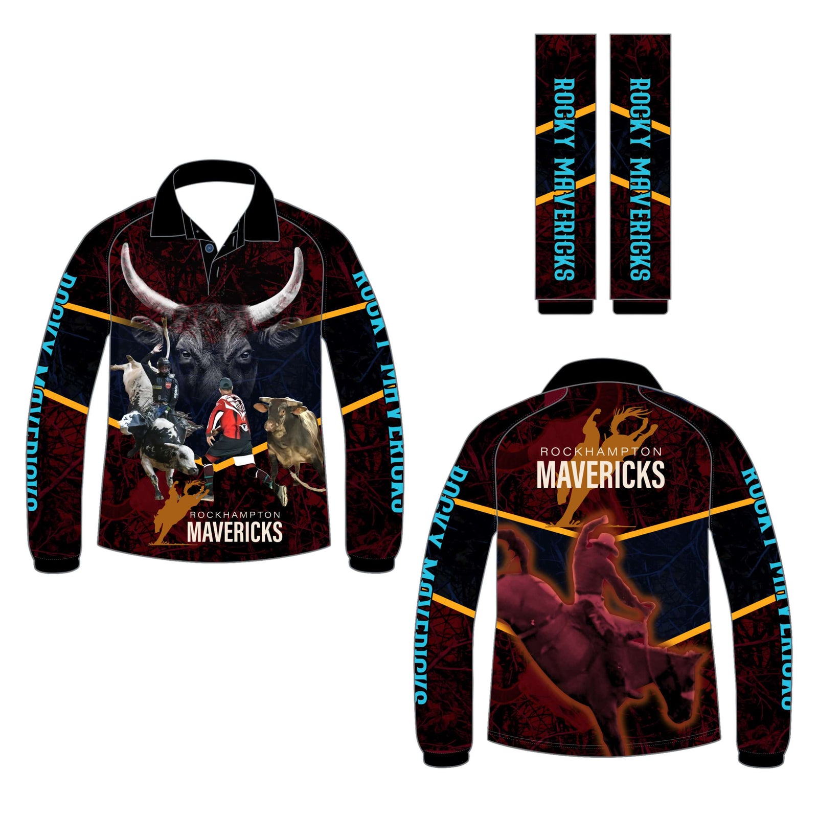 Rocky Mavericks Men's Bull Rider Turquoise Sleeve Jersey. A long-sleeved sports jersey with a bull graphic and 'MAVERICKS' text on it, predominantly in dark colors with light stripes.