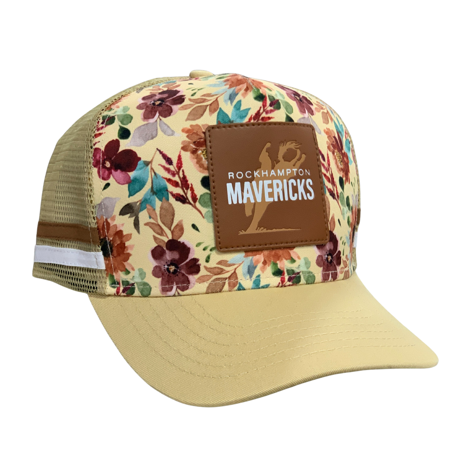 Rocky Mavericks Autumn Floral Cap. Floral-patterned cap with a brown patch on a white background