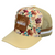 Rocky Mavericks Autumn Floral Cap. Floral-patterned cap with a brown patch on a white background