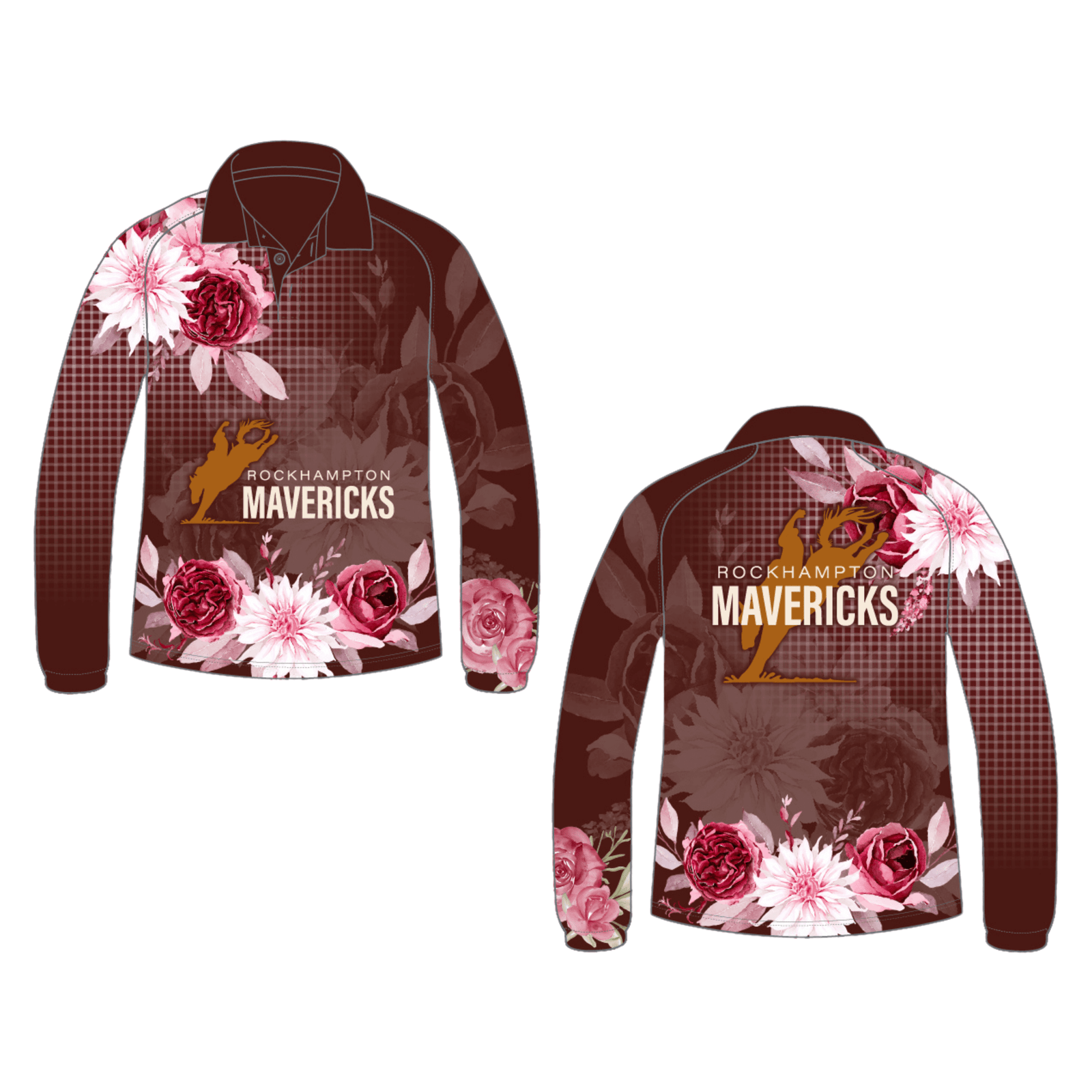 Rocky Mavericks Girl's Floral L/S Jersey. A long-sleeved floral jersey shirt with the Rocky Mavericks team branding, predominantly in maroon color with floral patterns.