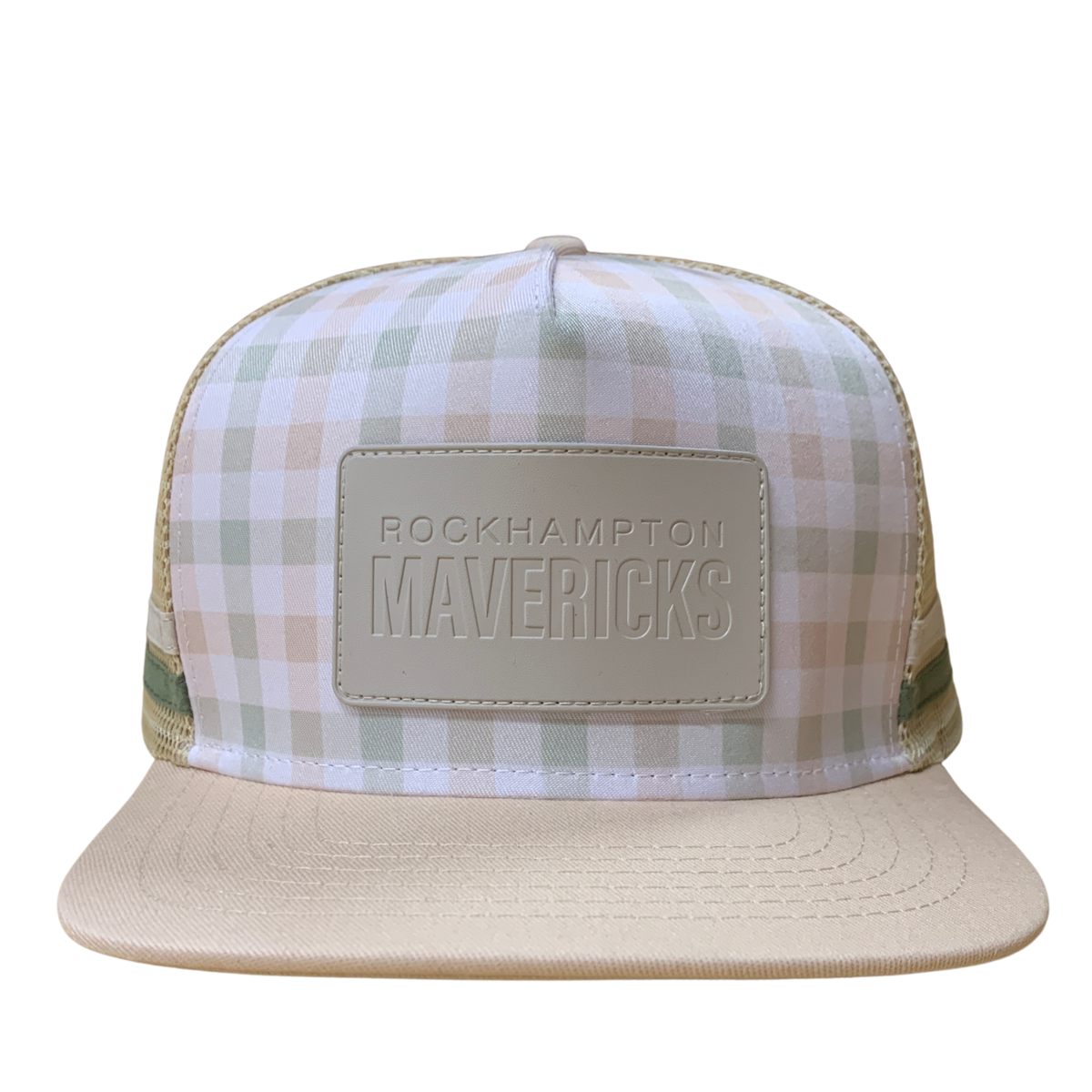 A trucker-style cap with a pastel gingham pattern on the front panel and a solid beige flat brim and patch. The patch features the debossed text 'ROCKHAMPTON MAVERICKS'.