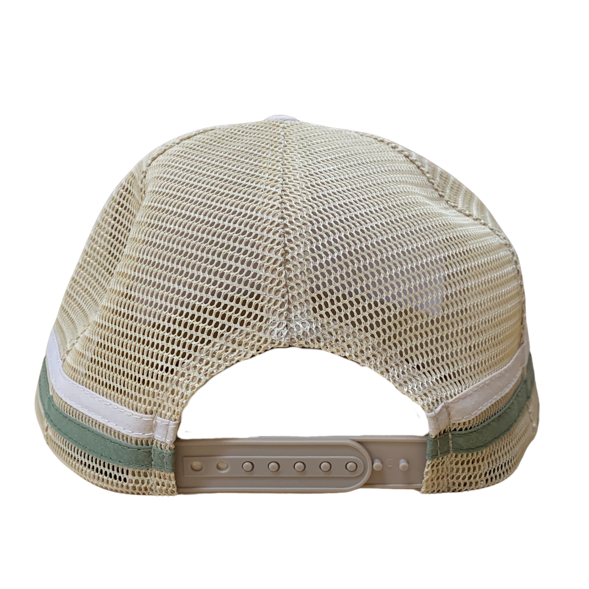 Back view of a beige mesh trucker cap with a light green and white stripe detail and a beige plastic snap closure.