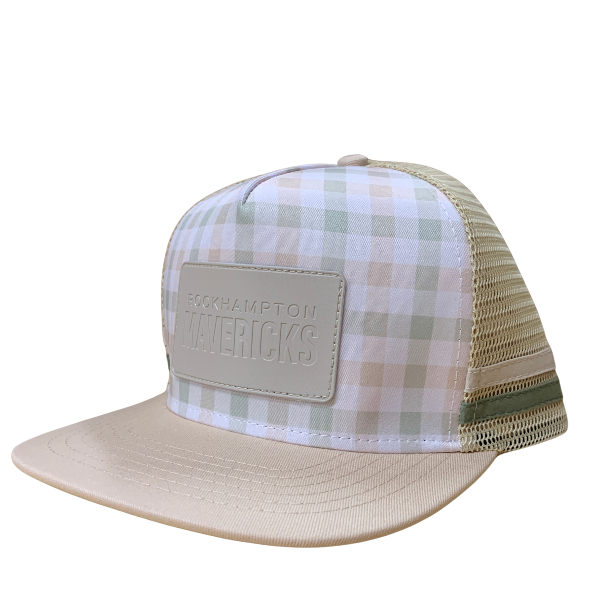 A trucker hat with a beige and sage green gingham pattern front panel, beige mesh back, and a beige leather patch on the front that reads 'ROCKHAMPTON MAVERICKS'.