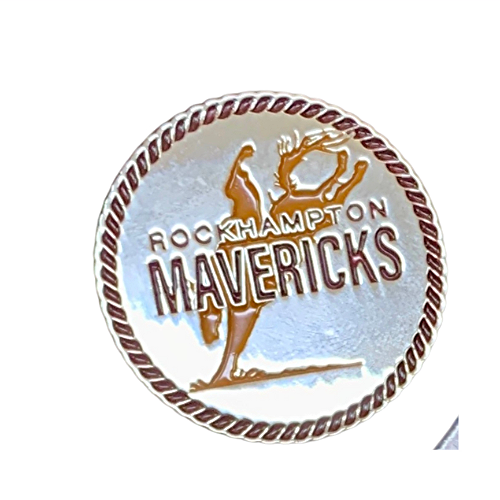Enamel hat pin with the logo of Rockhampton Mavericks, featuring a silhouette of a bronc horse and the text 'ROCKHAMPTON MAVERICKS' in bold letters.