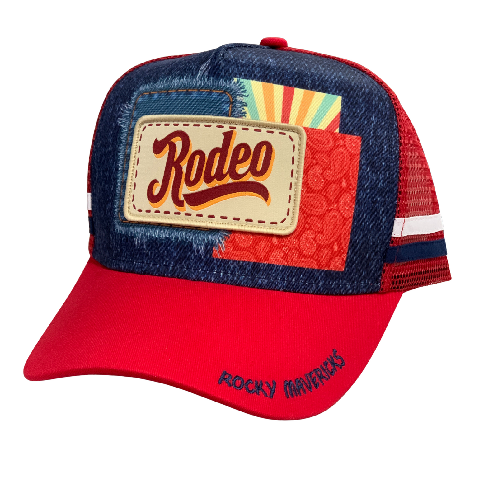 Rocky Mavericks Retro Rodeo Cap. Red and blue cap with 'Rodeo' patch on a white background