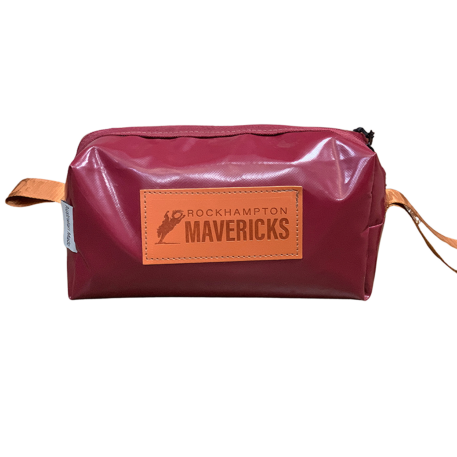 A toiletry bag with a white and red color scheme, featuring a logo that reads 'ROCKHAMPTON MAVERICKS' on the front, and a brown strap.