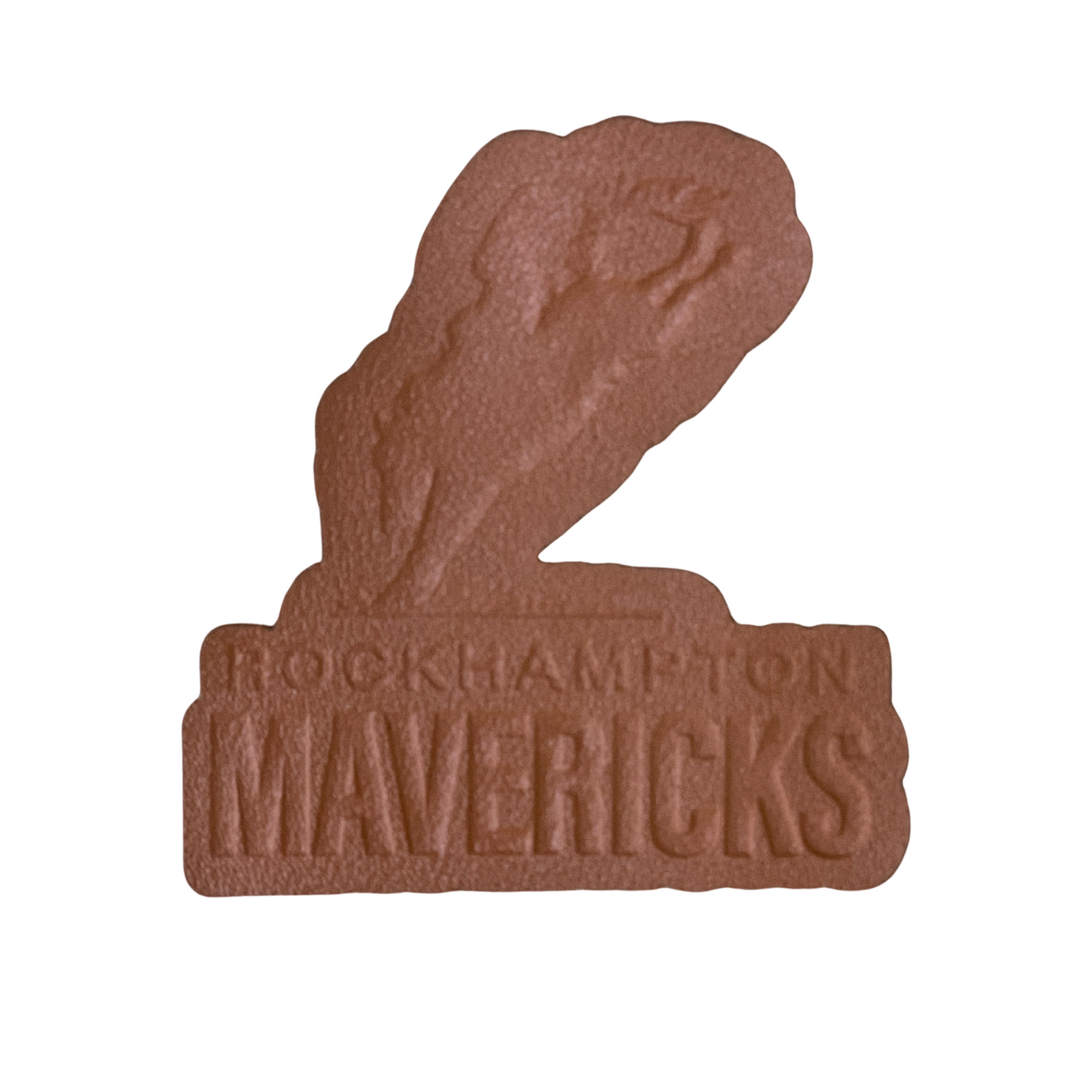 Rocky Mavericks Hat Badges. Brown logo with 'Rockhampton Mavericks' text on a white background
