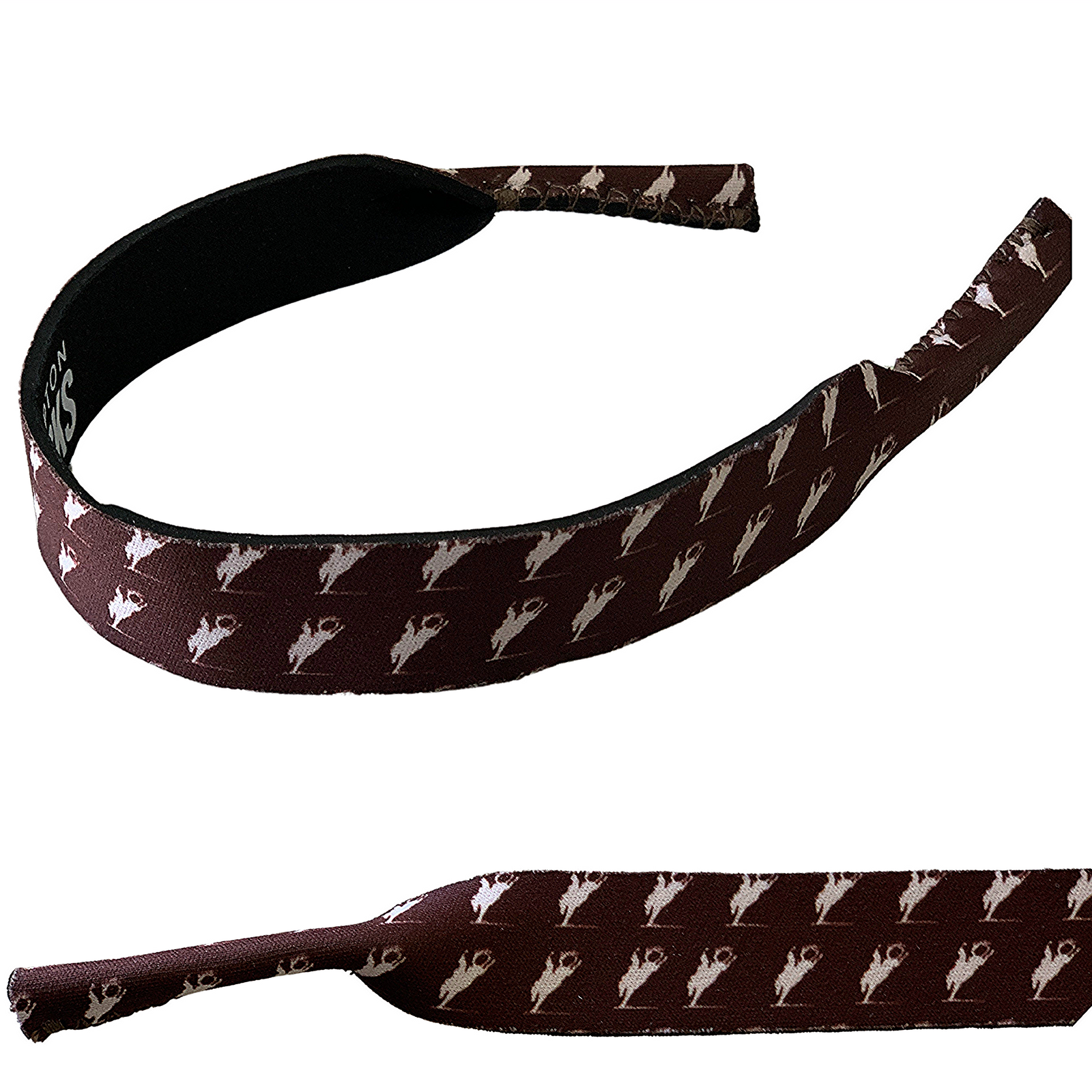 Rocky Mavericks Ross Bronc Sunglasses Strap. A brown neoprene sunglasses strap with a white bronc horse pattern.