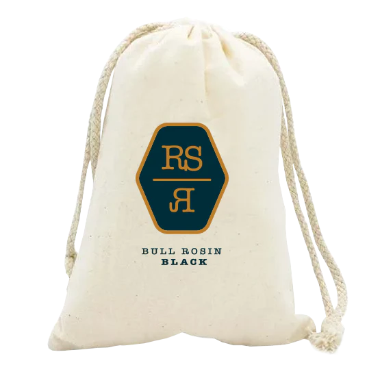 Roughstock Bull Rosin Rocks -400g  Bag Black. Drawstring bag with 'RS' logo and text on a white background